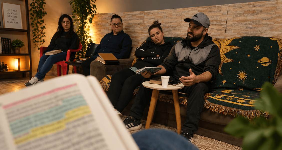 Pessoas reunidas em uma casa ao redor da Palavra